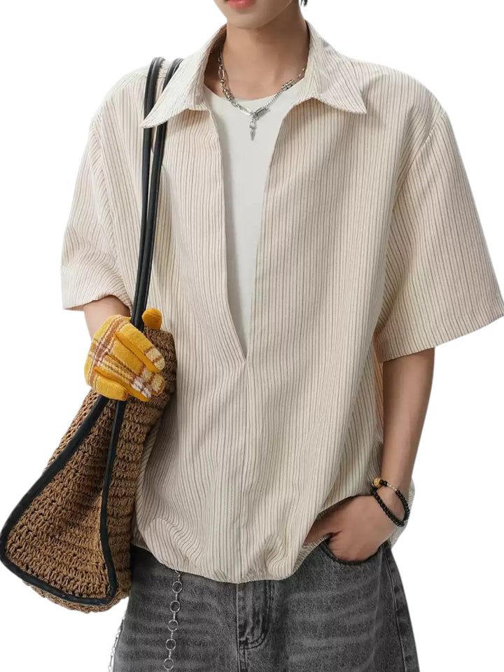 STEP BLOCK MT562 Retro Striped Texture Short Sleeve Button-Up Shirt