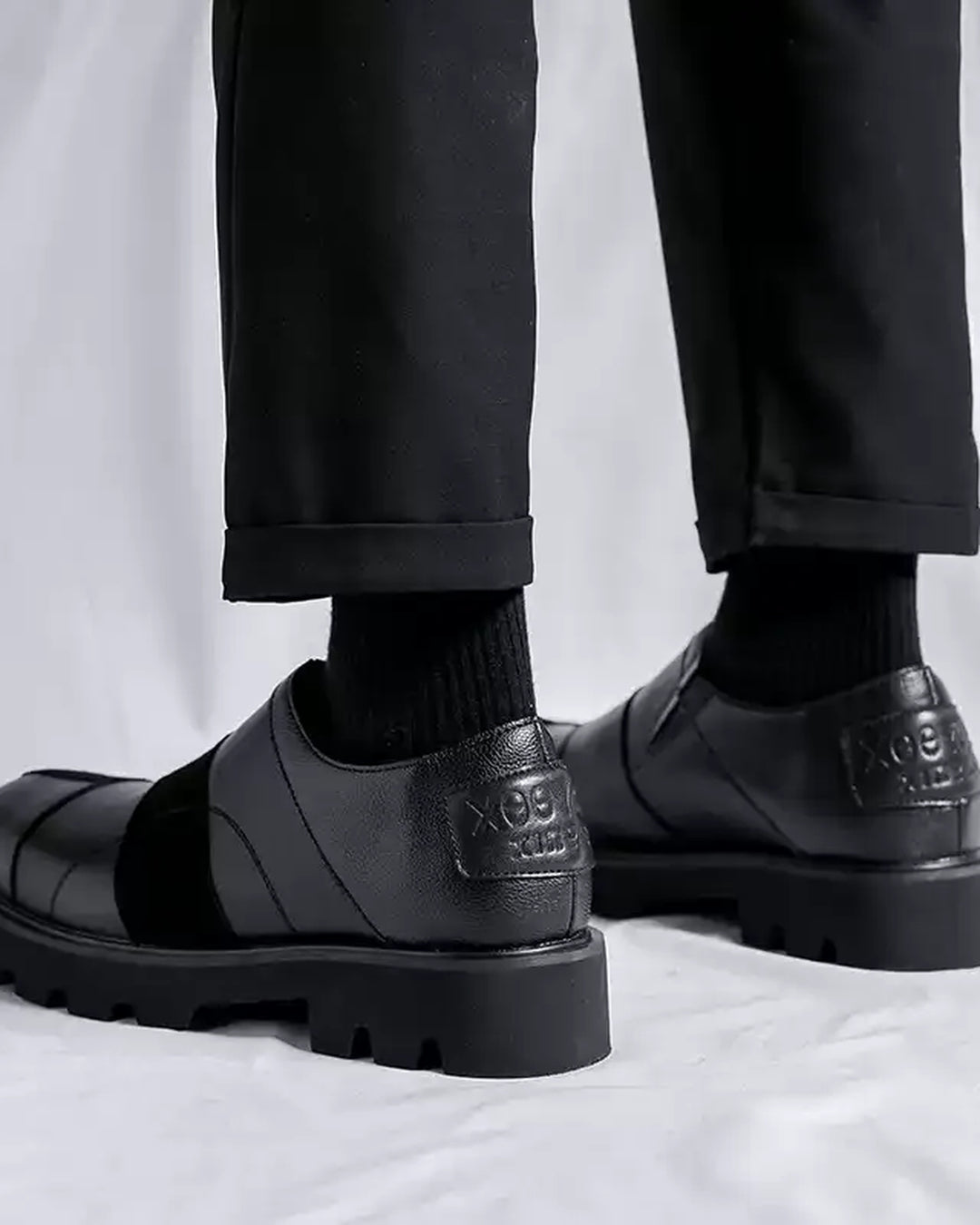 Close-up sole detail of Black Leather Chunky Platform Loafers Shoes