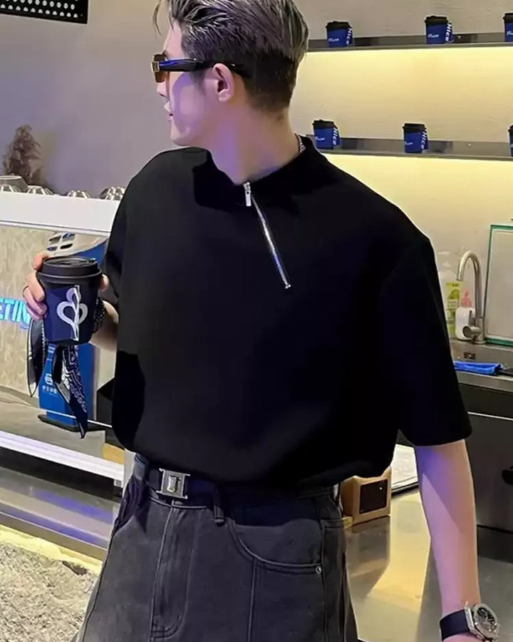 Side view of Asymmetric Zipper Oversized T-Shirt