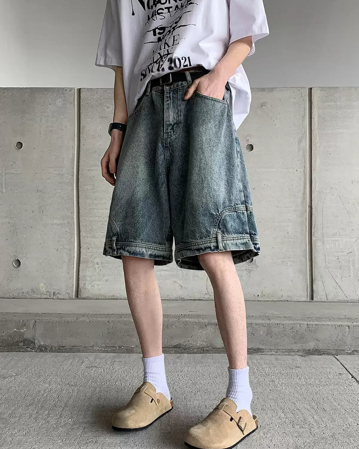 Vintage-wash wide-leg denim shorts, blue, angled front with white tee