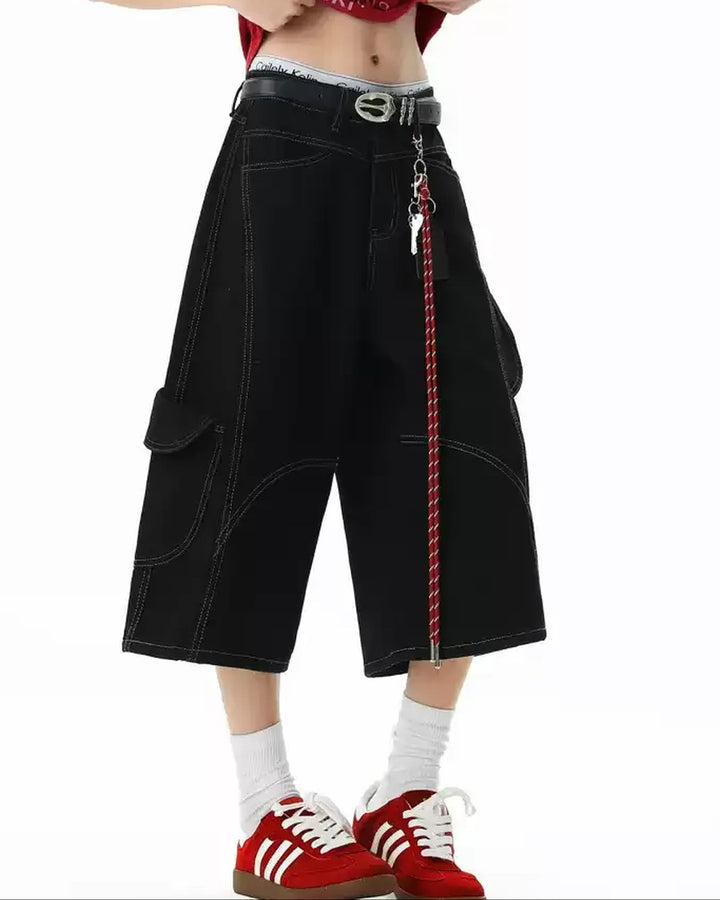 Side view of Black Contrast Stitch Cargo Shorts