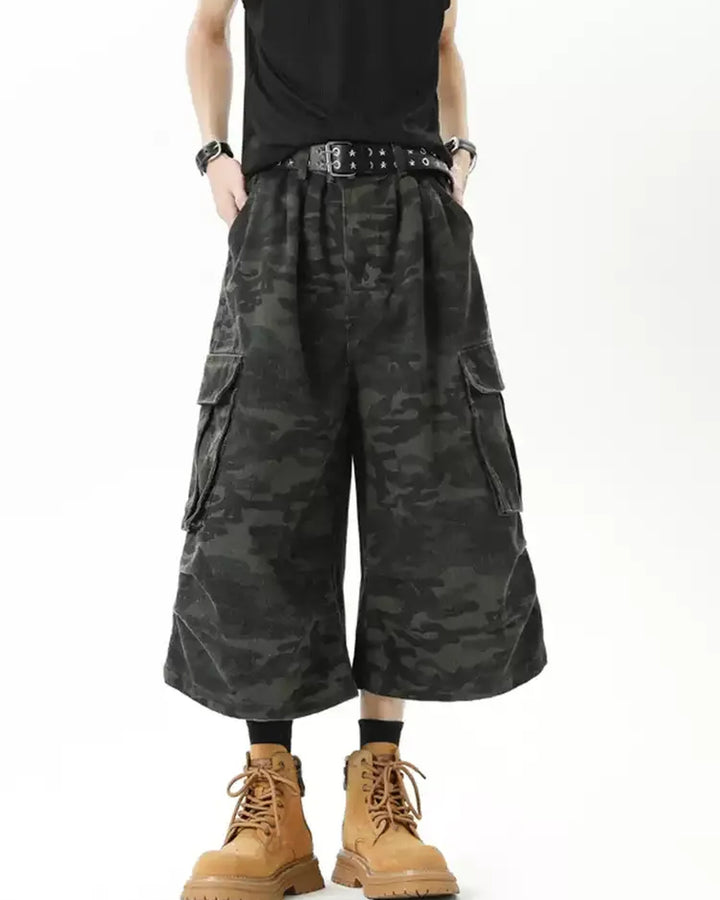 Front view of Camo Cargo Wide Leg Shorts