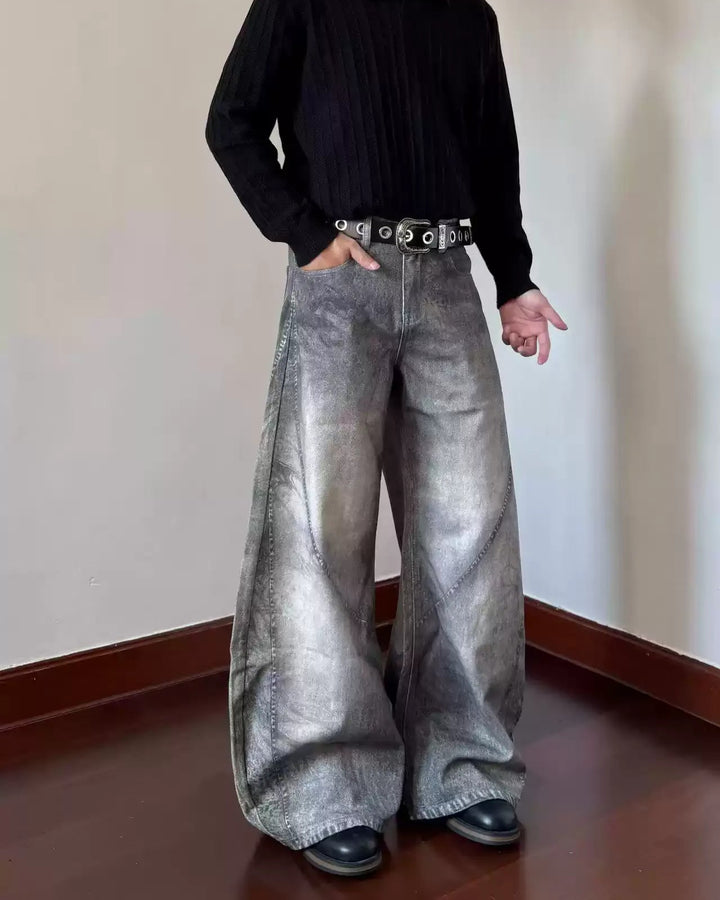 Grey Washed Baggy Flare Jeans