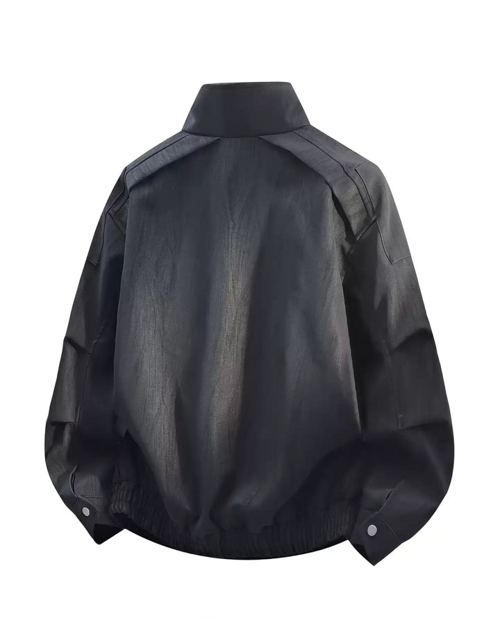 Side view of Washed Oversized Stand Collar Bomber Jacket