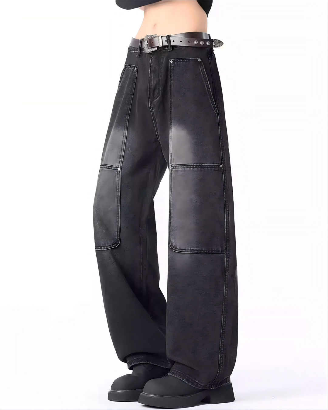STEP BLOCK MT033 vintage washed black and blue baggy jeans with panel detailing