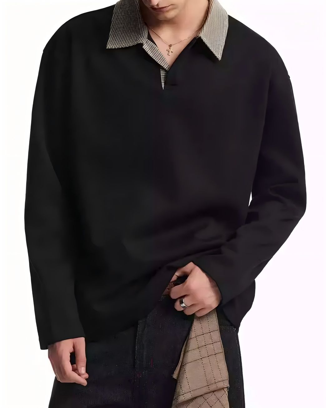 STEP BLOCK ST015 Contrast Collar Half-Zip Long-Sleeve Sweater