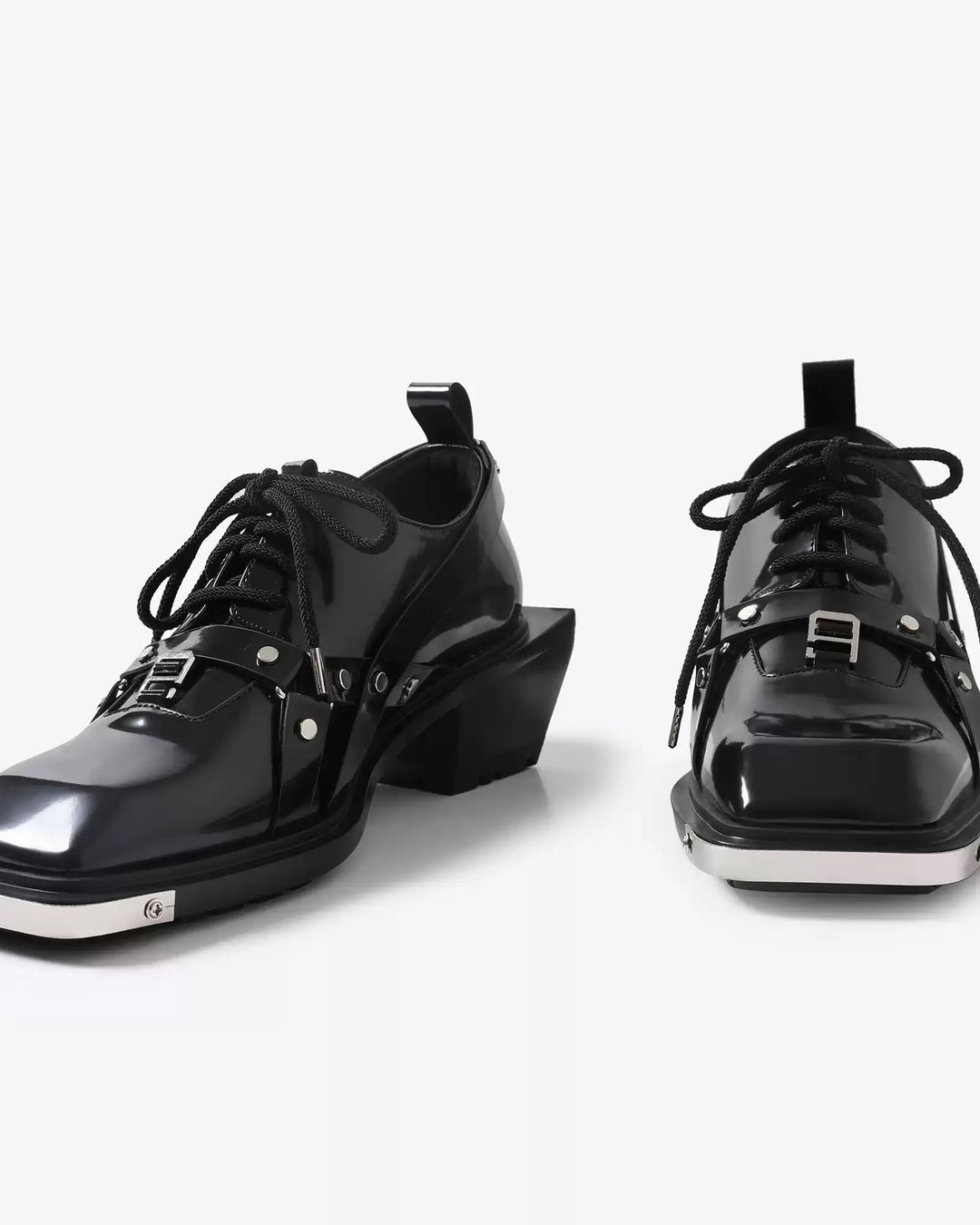Side view of Black Leather Gothic Chunky Heel Shoes
