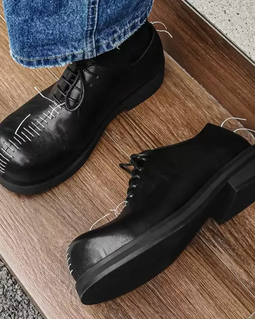 Additional product image of Black Leather Gothic Chunky Heel Shoes