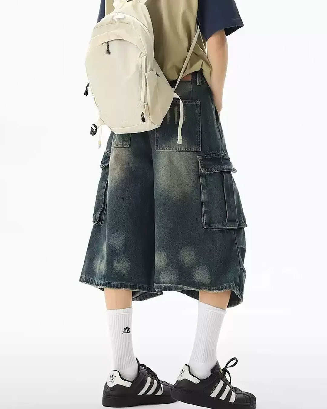 Close-up detail of Washed Distressed Denim Cargo Shorts