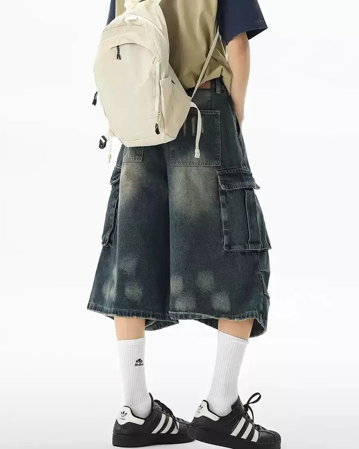Close-up detail of Washed Distressed Denim Cargo Shorts
