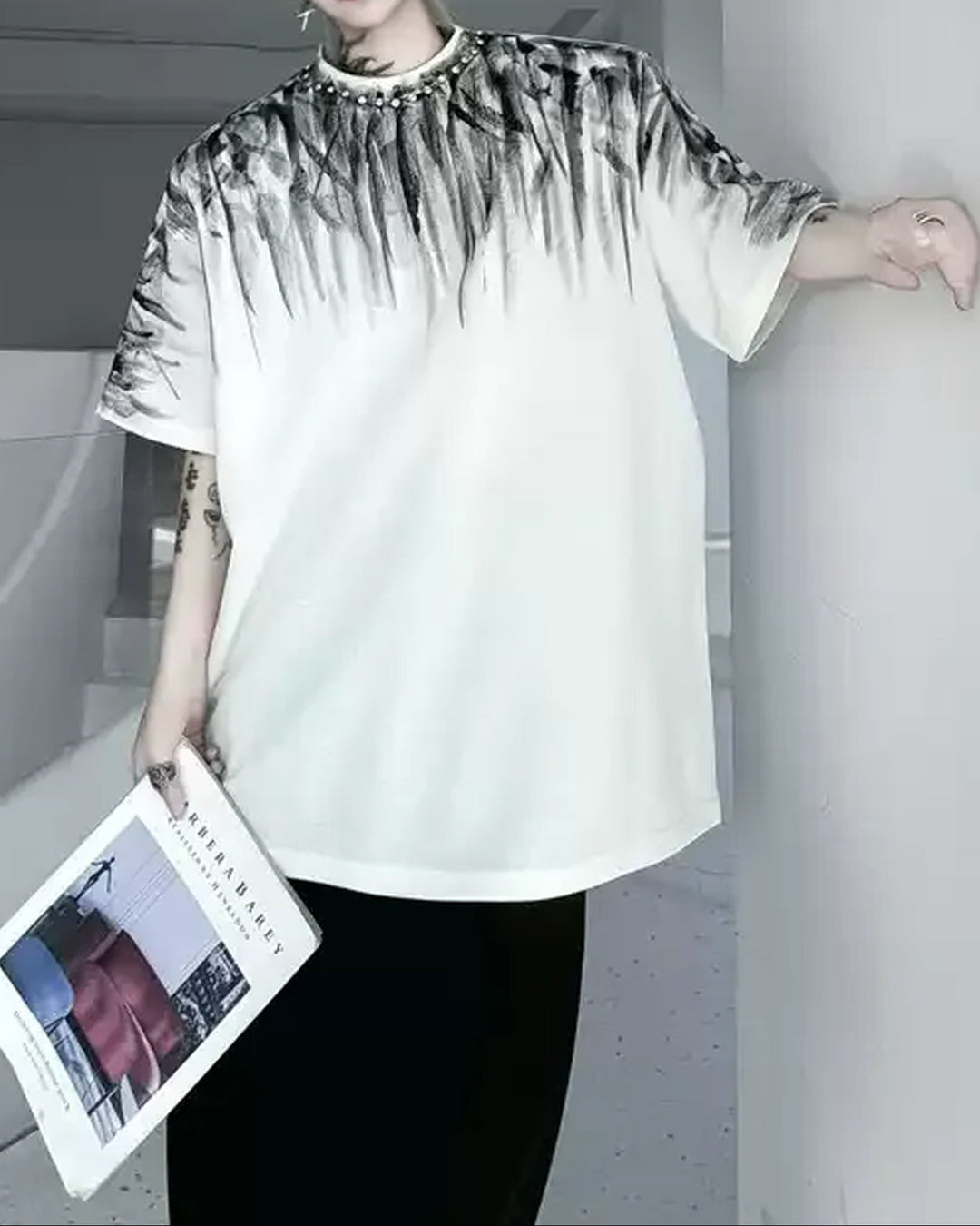 Close-up detail of Black and White Gradient Print Oversized T-Shirt