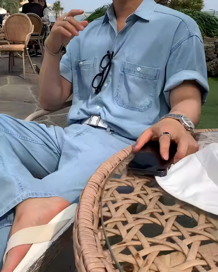 STEP BLOCK MT553 light blue short sleeve button-up denim shirt