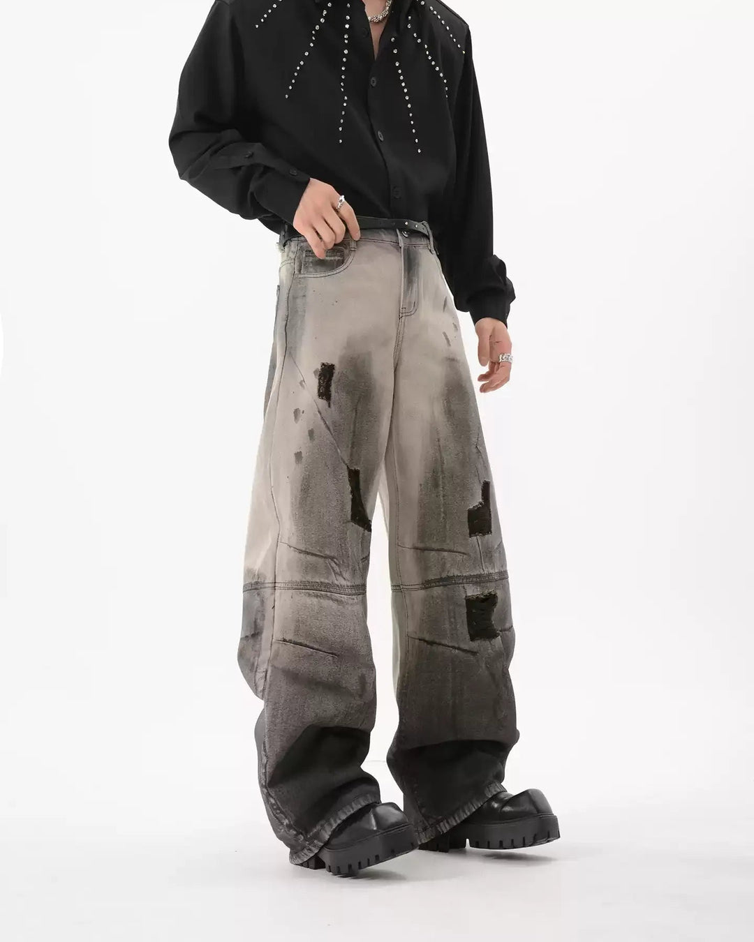 Additional product image of Black Patch Distressed Baggy Jeans