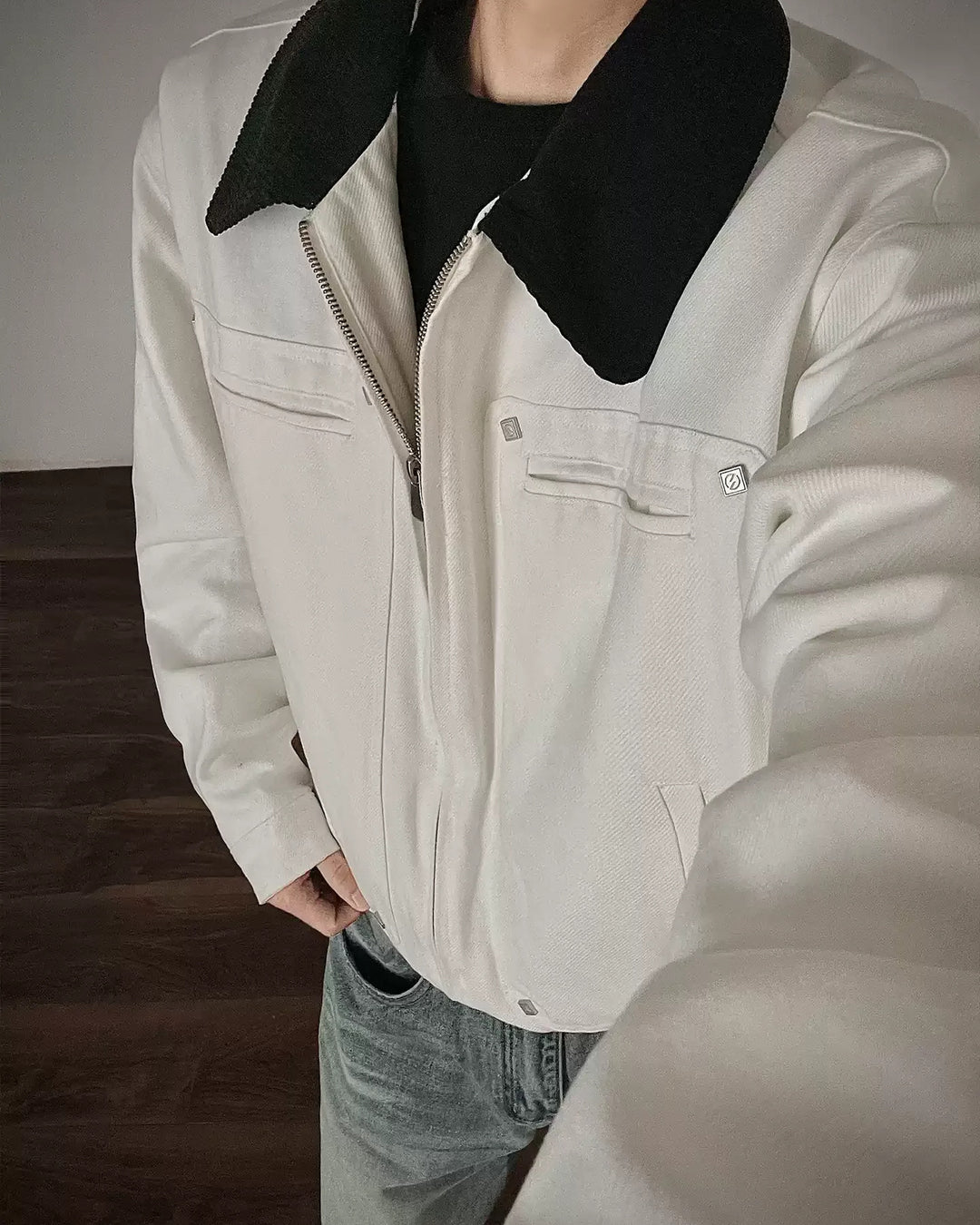 Lifestyle styling view of Contrast Shearling Collar Washed Workwear Jacket