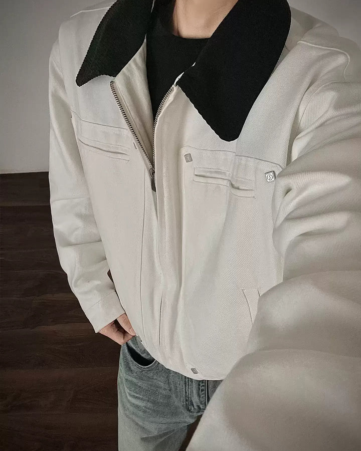Lifestyle styling view of Contrast Shearling Collar Washed Workwear Jacket