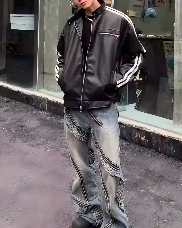STEP BLOCK ST1015 Striped Sleeve Leather Jacket