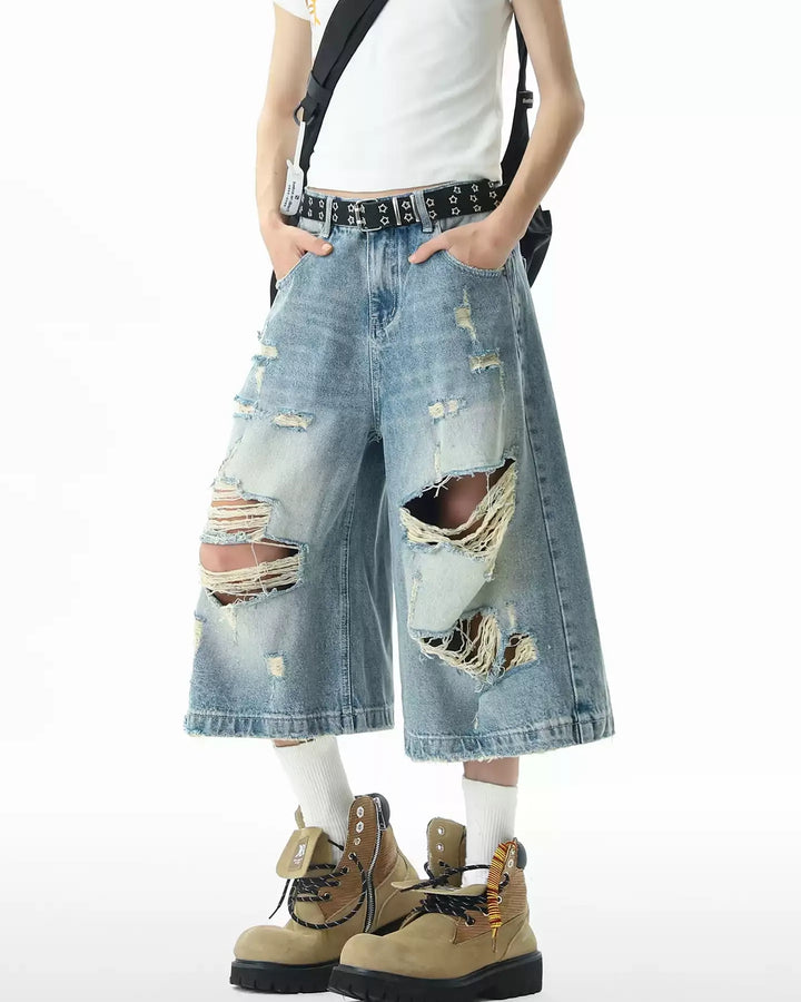 Side view of Heavy Distressed Wide Leg Denim Shorts