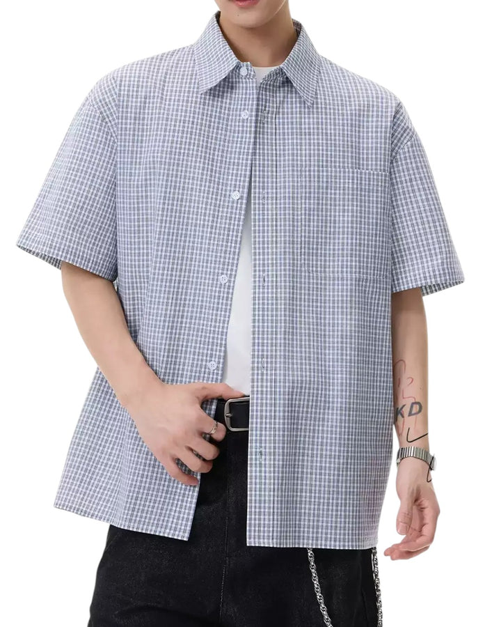 STEP BLOCK MT560 Plaid Checkered Short Sleeve Button-Up Shirt