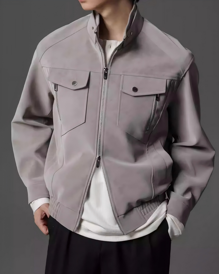 STEP BLOCK ST048 Washed Distressed Faux Leather Stand Collar Utility Jacket