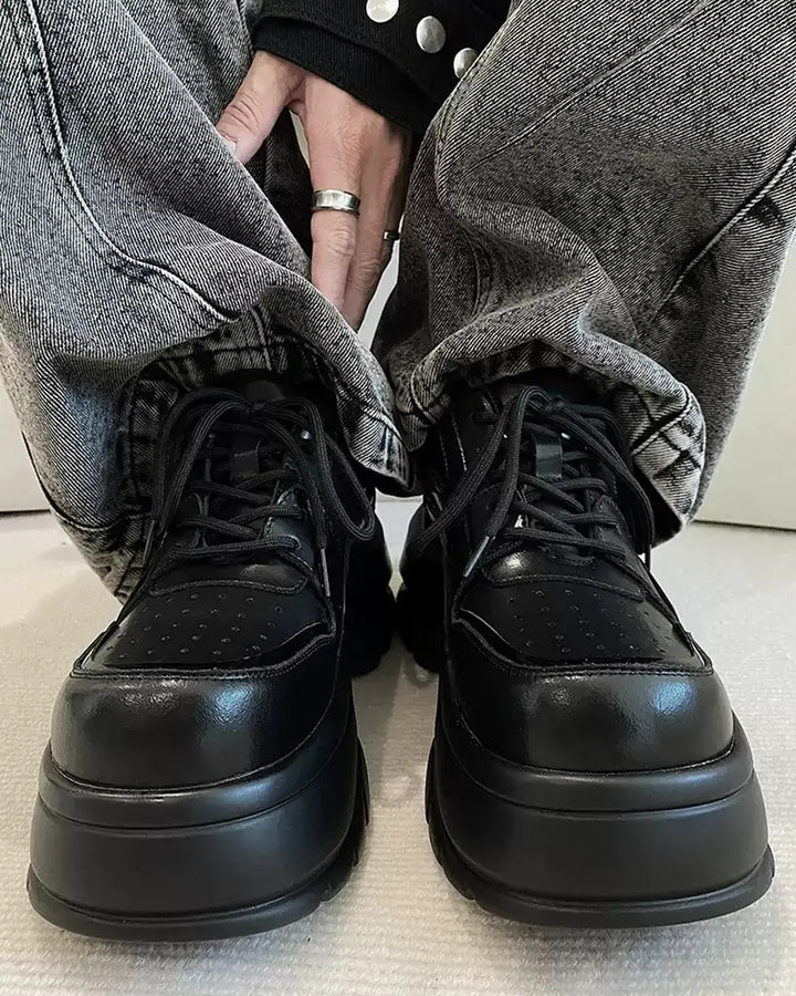 Close-up sole detail of Black Leather Chunky Platform Shoes