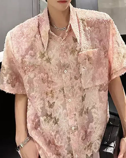 Side view of Floral Textured Short Sleeve Shirt