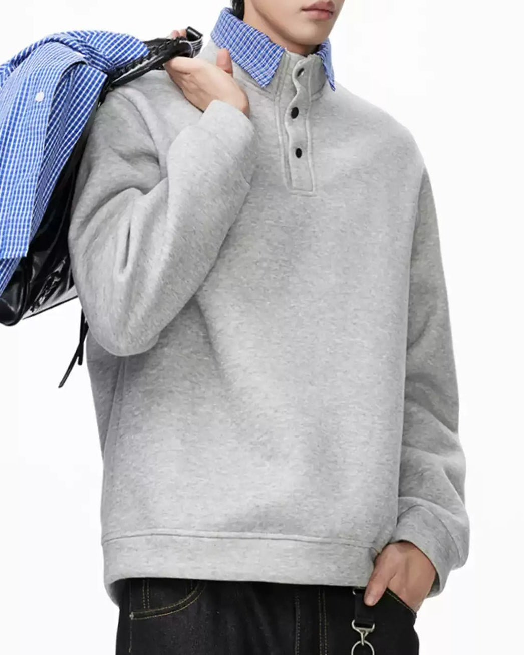 Lifestyle styling view of Layered Denim Collar Half-Zip Sweater