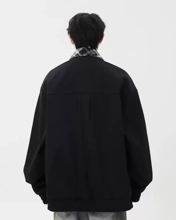 Back view of Plaid Lined Stand Collar Oversized Workwear Jacket
