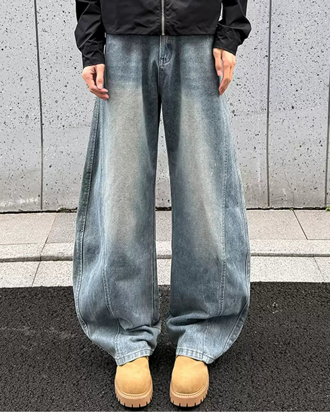 Lifestyle styling view of Grey Distressed Baggy Flare Jeans