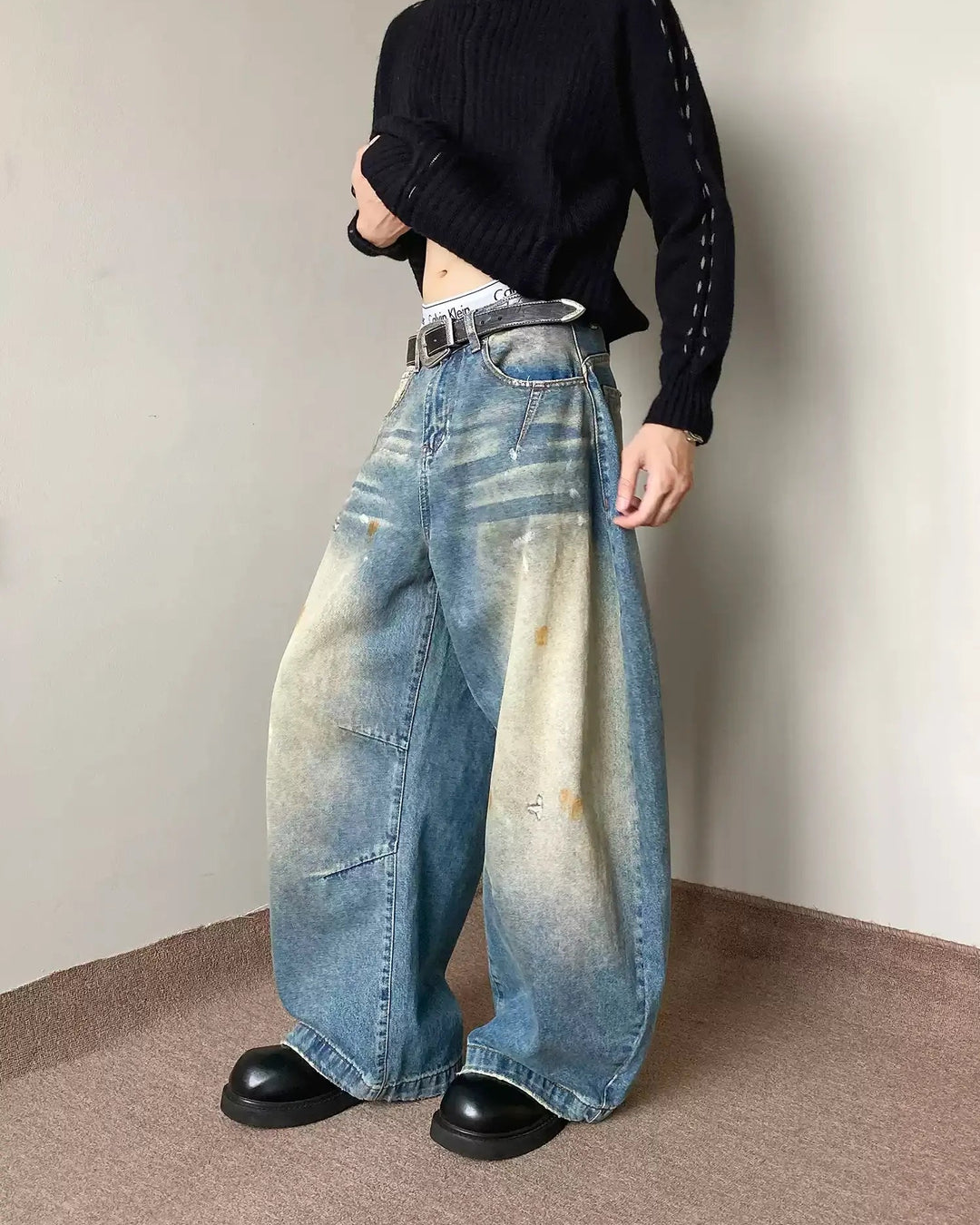 Oil Stained Distressed Baggy Jeans