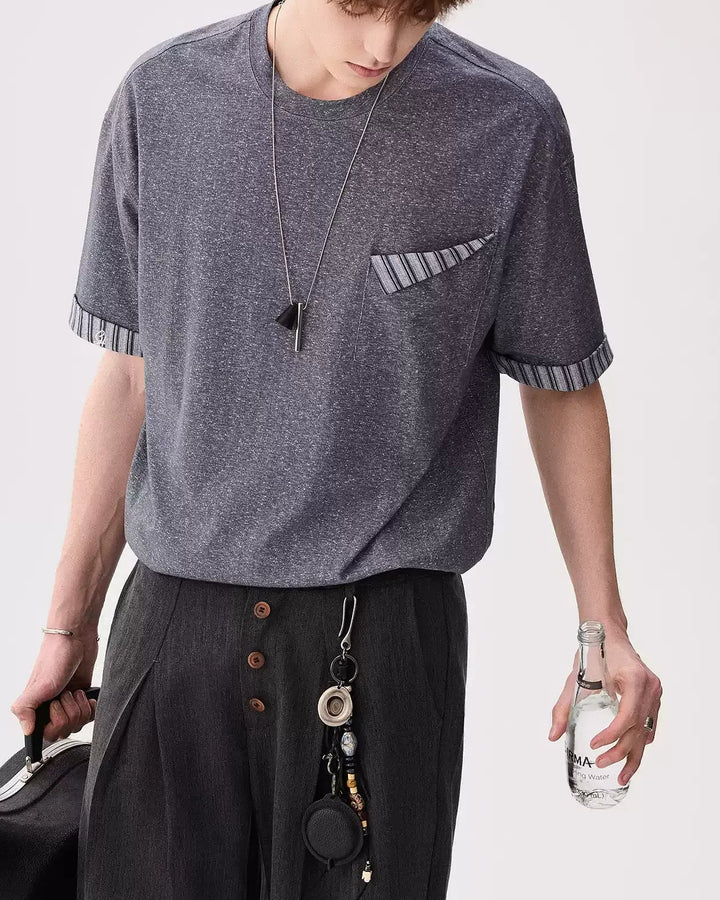 Close-up detail of Linen Blend Oversized T-Shirt with Contrast Trim