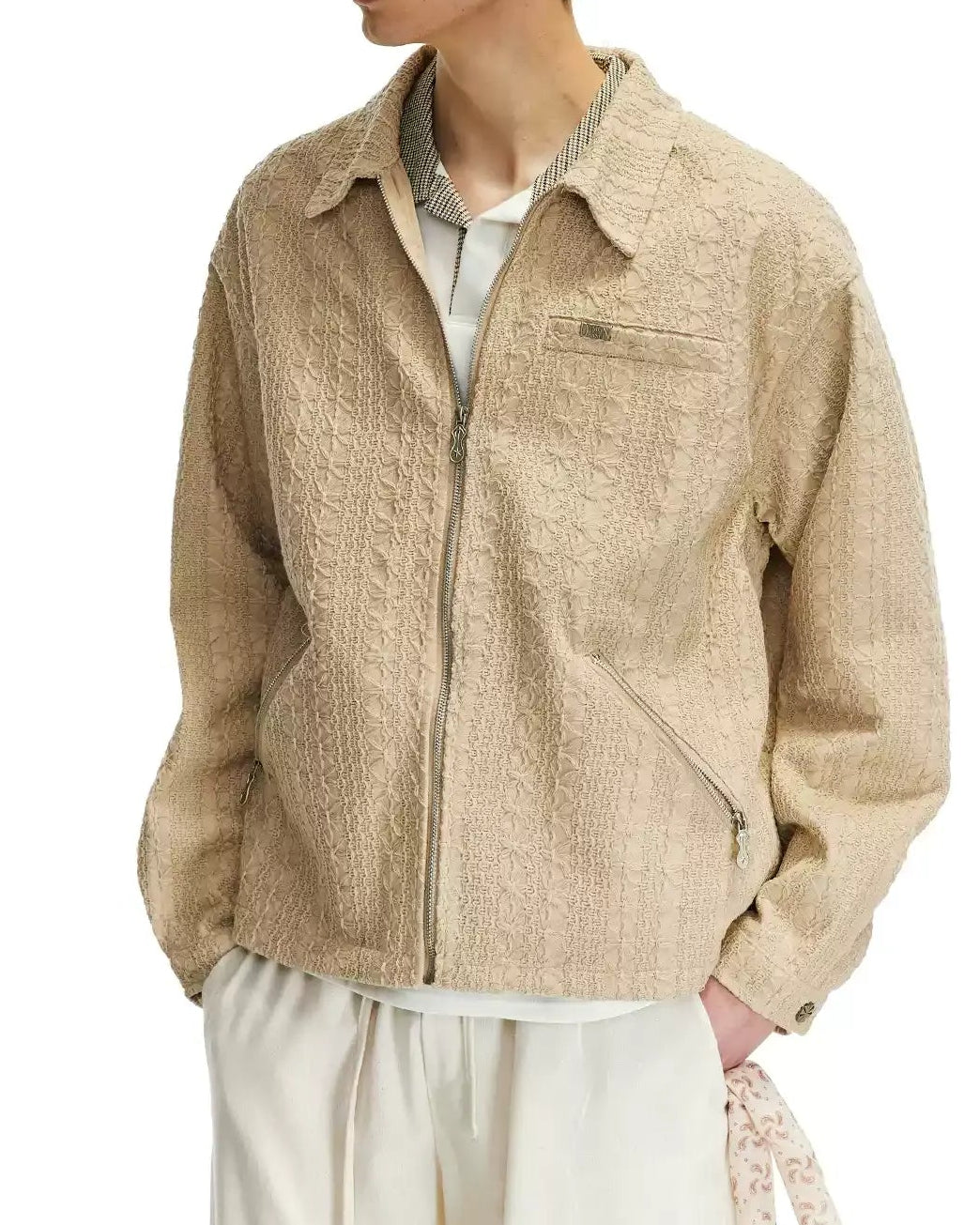 Side view of Textured Camp Collar Harrington Jacket