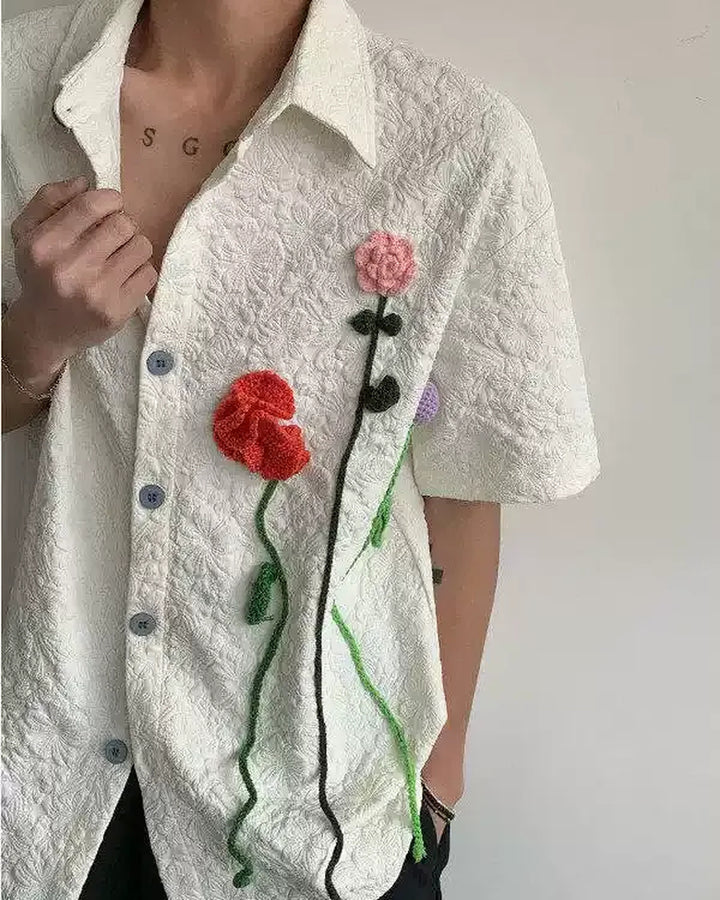 Side view of Floral Appliqué Short Sleeve Shirt