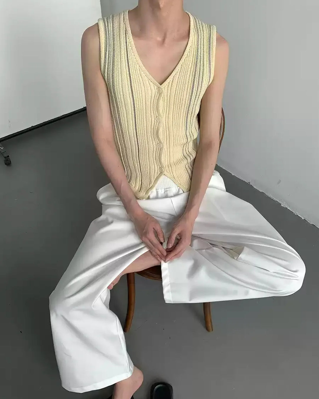 Front view of Striped Knit V-Neck Vest
