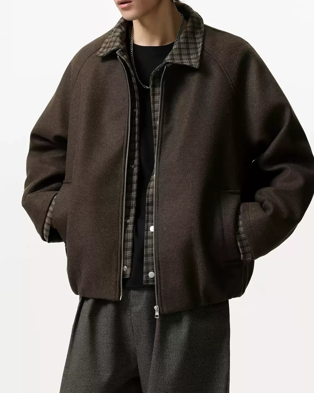 Additional product image of Plaid Contrast Lined Stand Collar Oversized Workwear Jacket