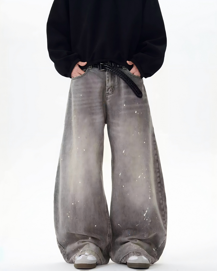 STEP BLOCK MT040 vintage washed grey distressed baggy jeans