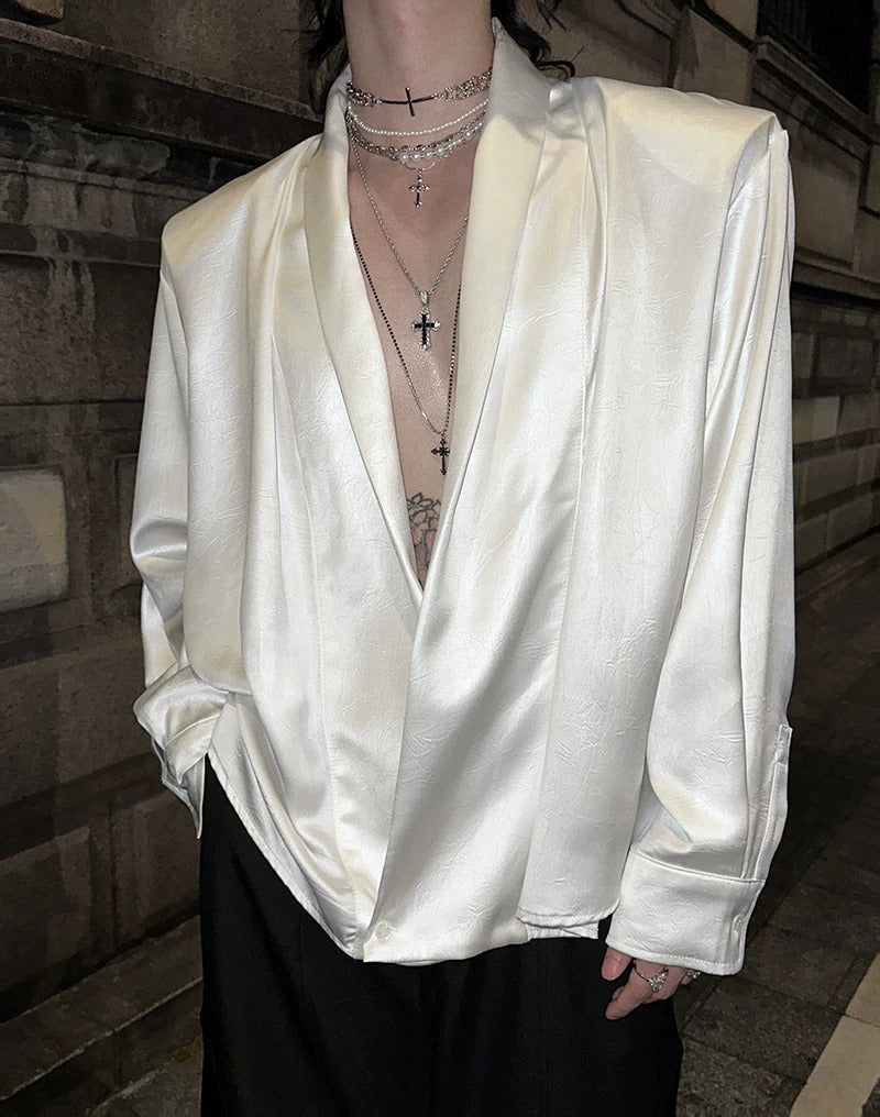 Lifestyle styling view of Deep V-Neck Satin Shirt