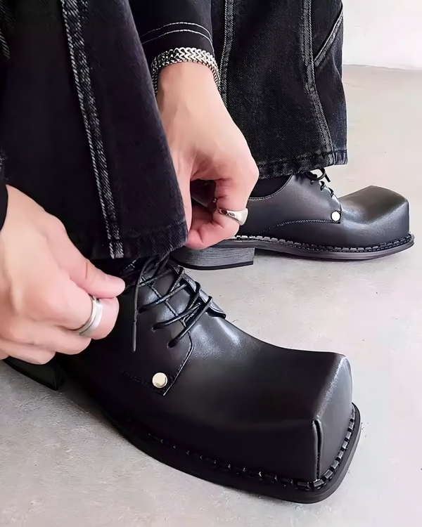 STEP BLOCK SH021 Men's Black Leather Gothic Square-Toe Chunky Heel Streetwear shoes
