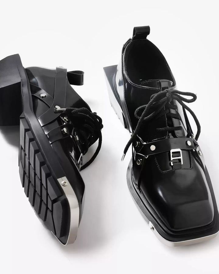BRYNOR Black Leather Gothic Chunky Heel Shoes footwear product photo