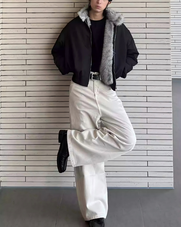 STEP BLOCK ST028 Shearling Collar Water-Resistant Bomber Jacket