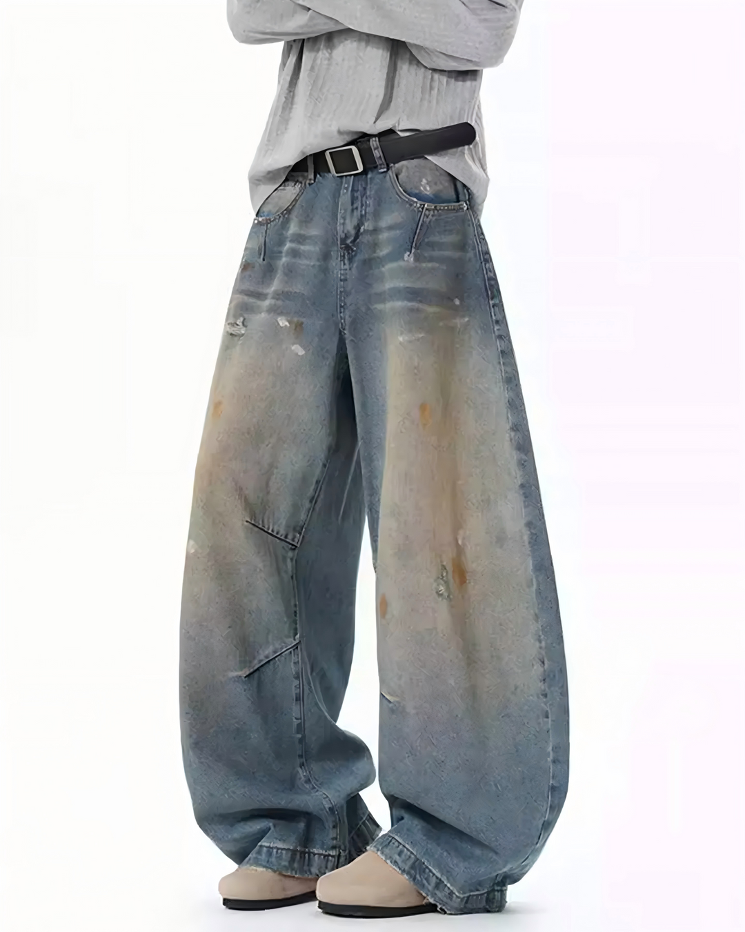 STEP BLOCK MT050 vintage washed oil-stained distressed baggy jeans