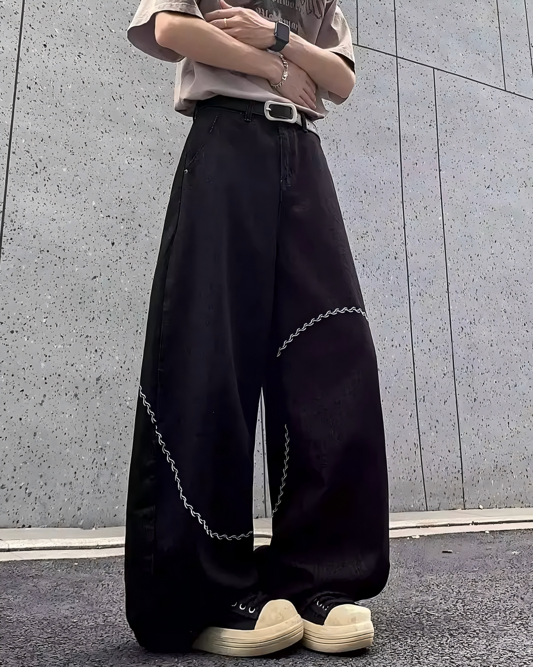 STEP BLOCK MT052 vintage washed black baggy jeans with white stitching