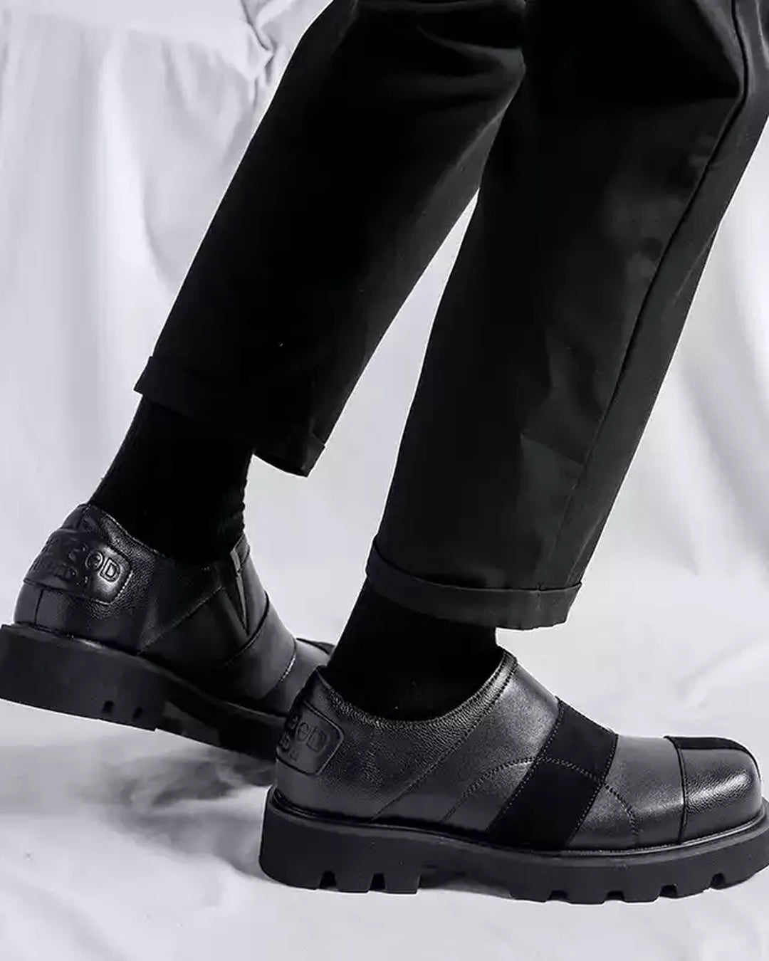 Back view of Black Leather Chunky Platform Loafers Shoes