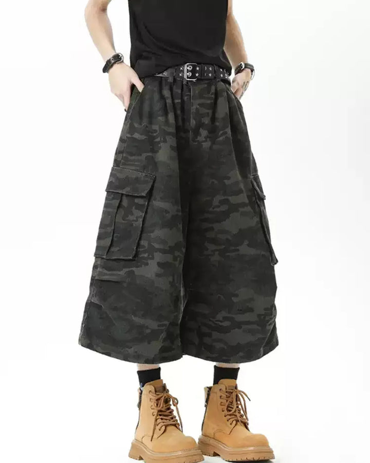 Close-up detail of Camo Cargo Wide Leg Shorts