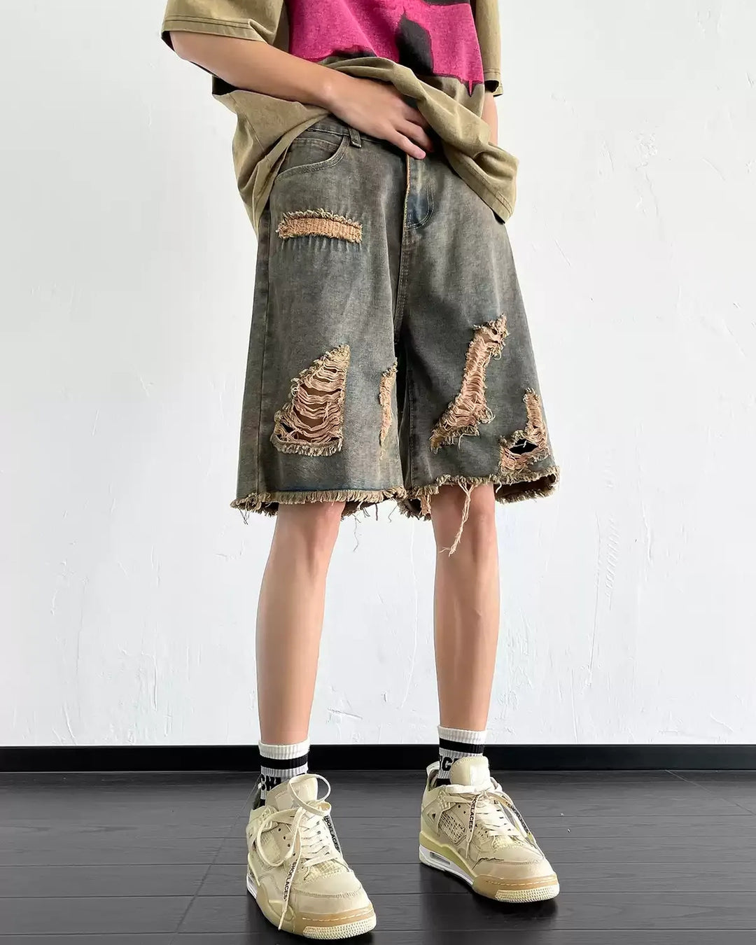 BRYNOR Heavy Distressed Vintage Washed Denim Shorts product photo