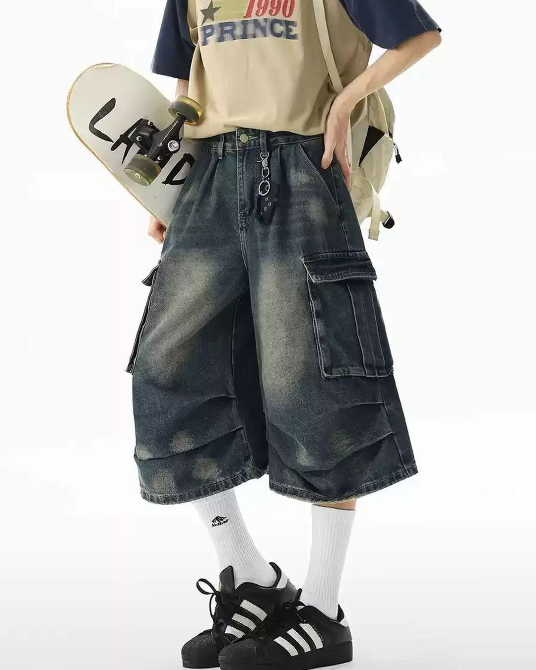 Side view of Washed Distressed Denim Cargo Shorts