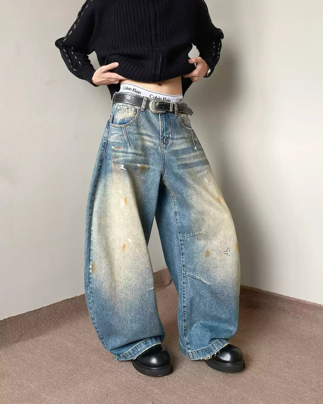Oil Stained Distressed Baggy Jeans