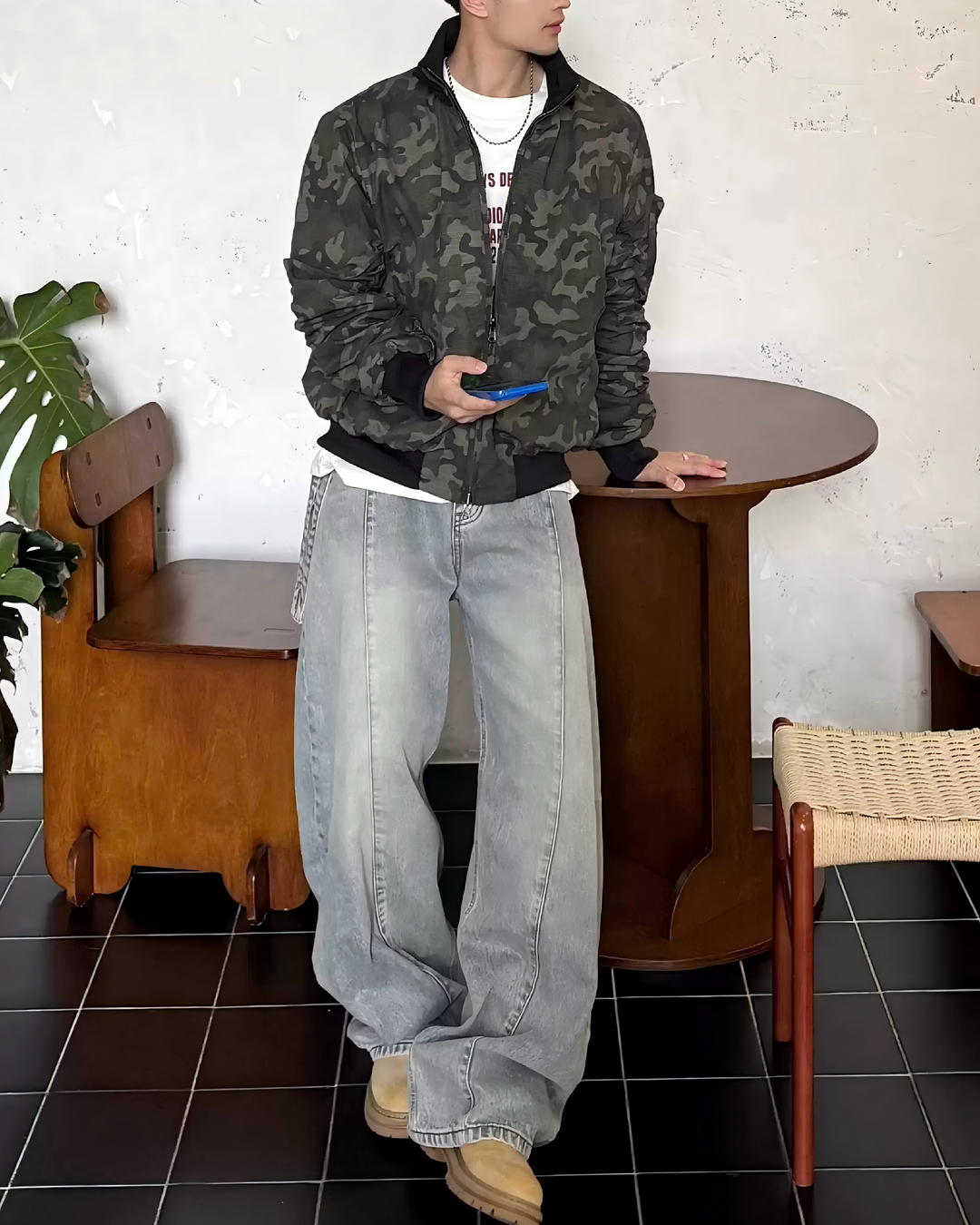 STEP BLOCK ST014 Camouflage Print Ribbed Collar Bomber Jacket