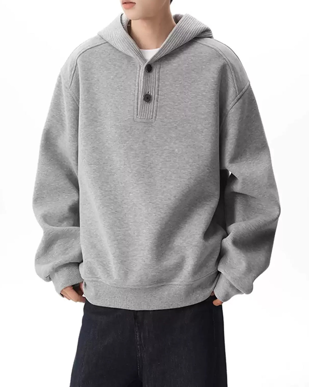 Lifestyle styling view of Minimalist Henley Neck Oversized Pullover Hoodie