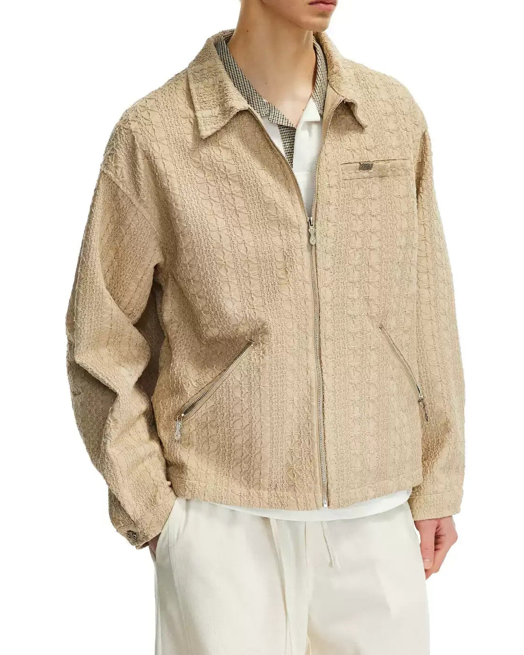 Back view of Textured Camp Collar Harrington Jacket