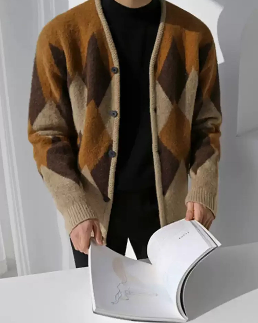 Lifestyle styling view of Argyle Knit Cardigan